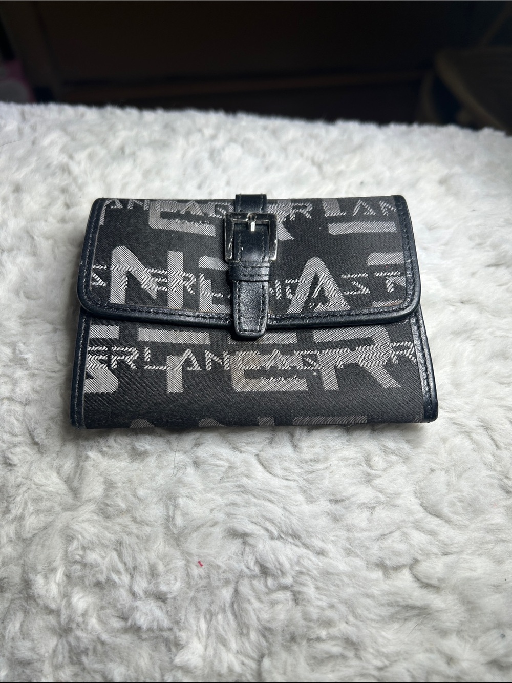 Black Logo-Pattern Card Wallet with Buckle Closure